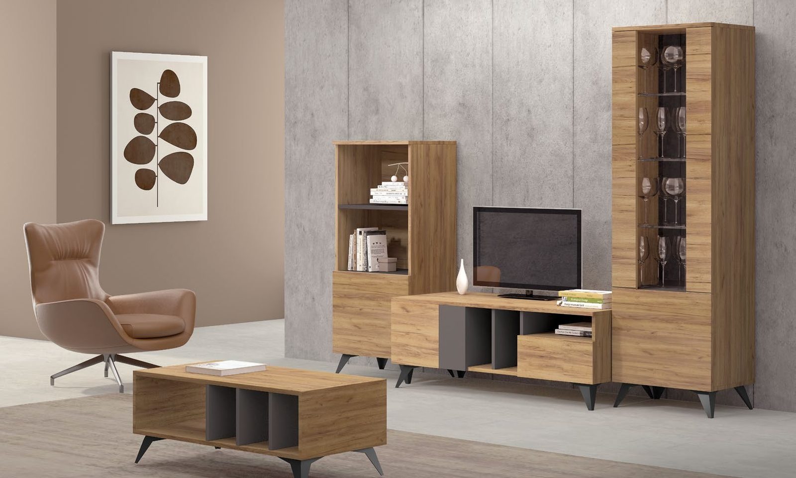 Sala de estar com estante em madeira, vitrine e mesa de centro de linhas simples