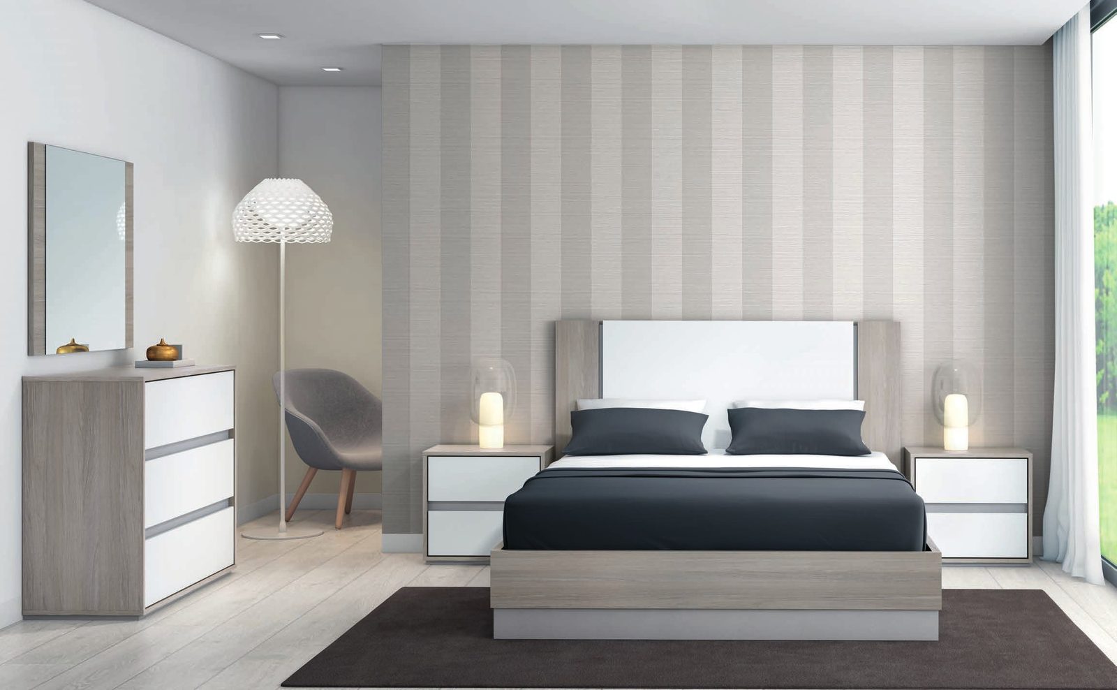 Quarto em tons de cinzento e branco com parede às riscas e poltrona de leitura