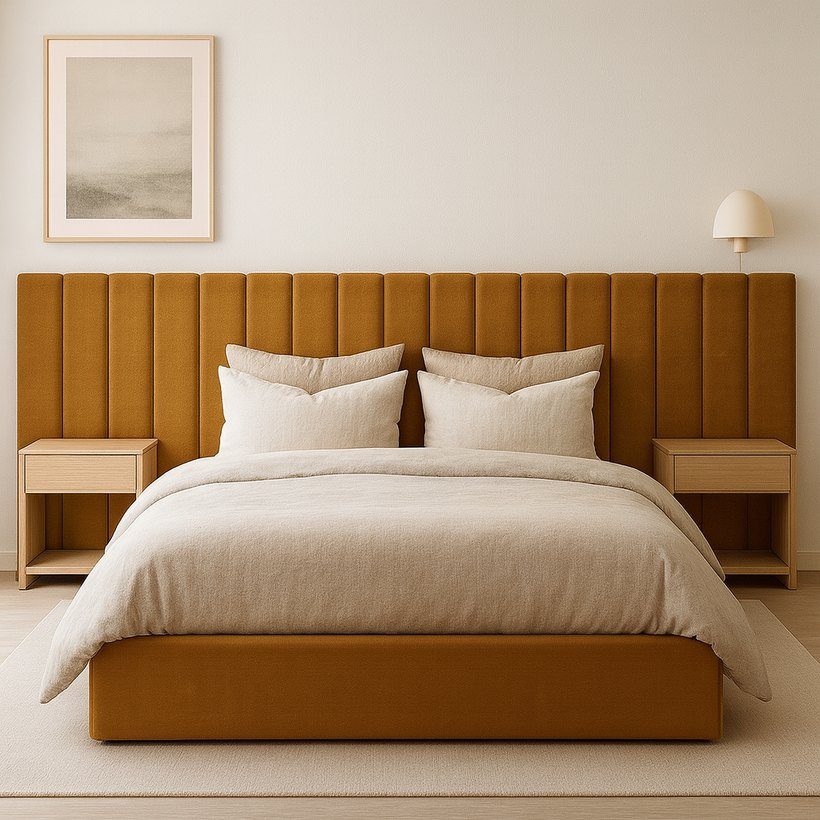 Quarto acolhedor com cabeceira estofada cor de mel e roupa de cama em tons de linho